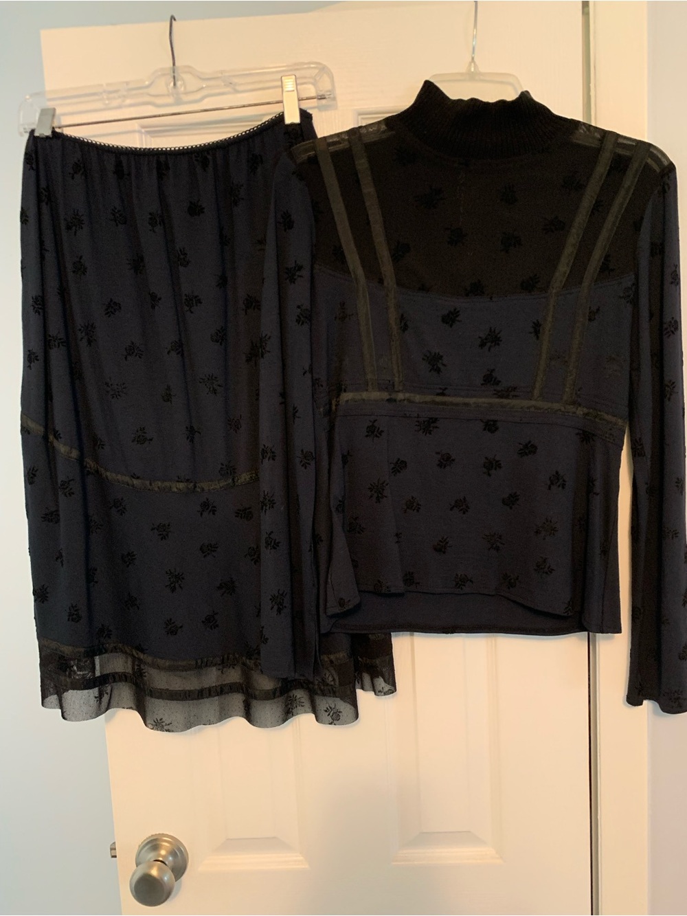 Black Mesh and Lace Two Piece Dress. Mock Neck and Long Sleeves.